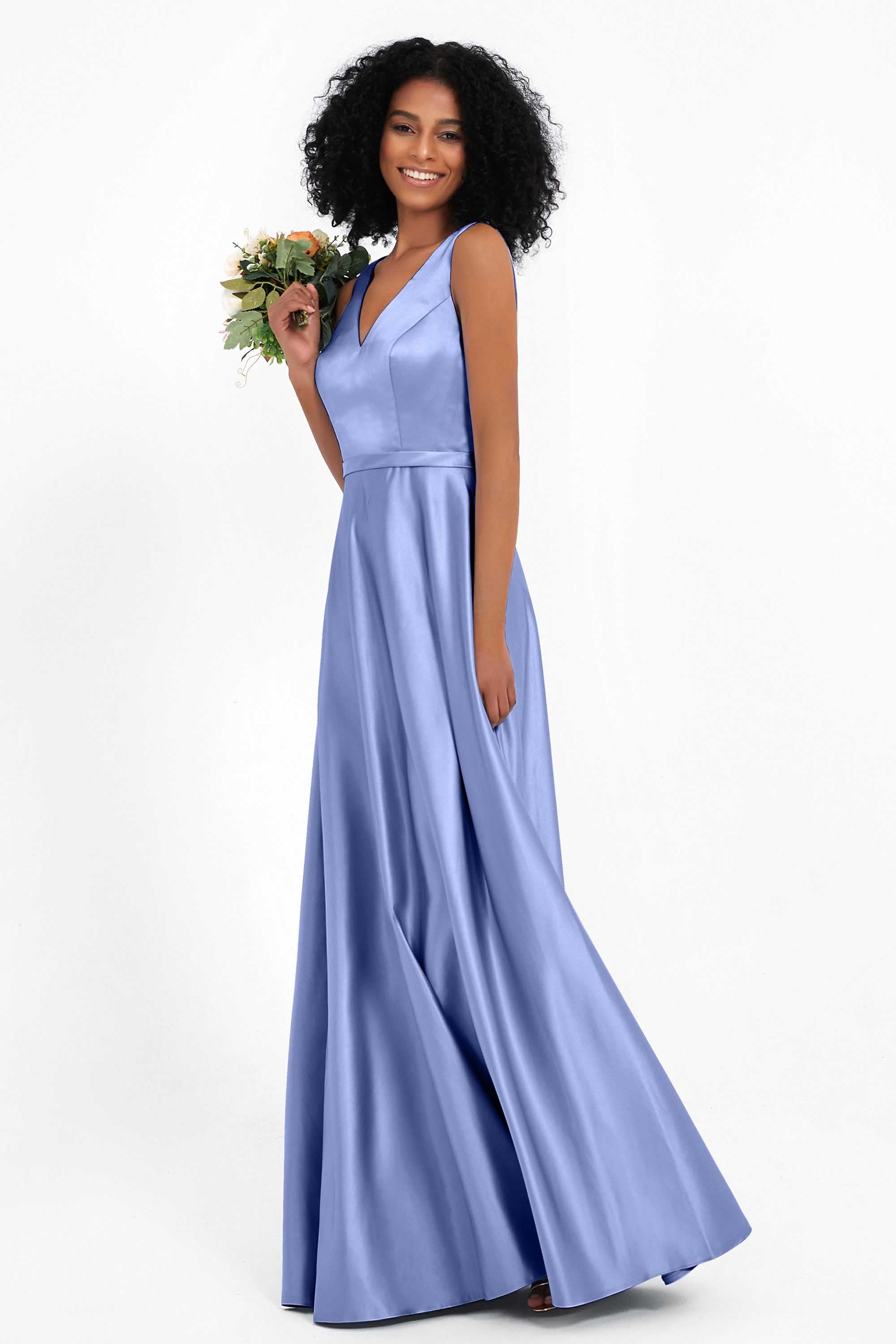 A Line Satin V Neckline Bridesmaid Dress Ruched Formal Evening Prom Dresses Gowns