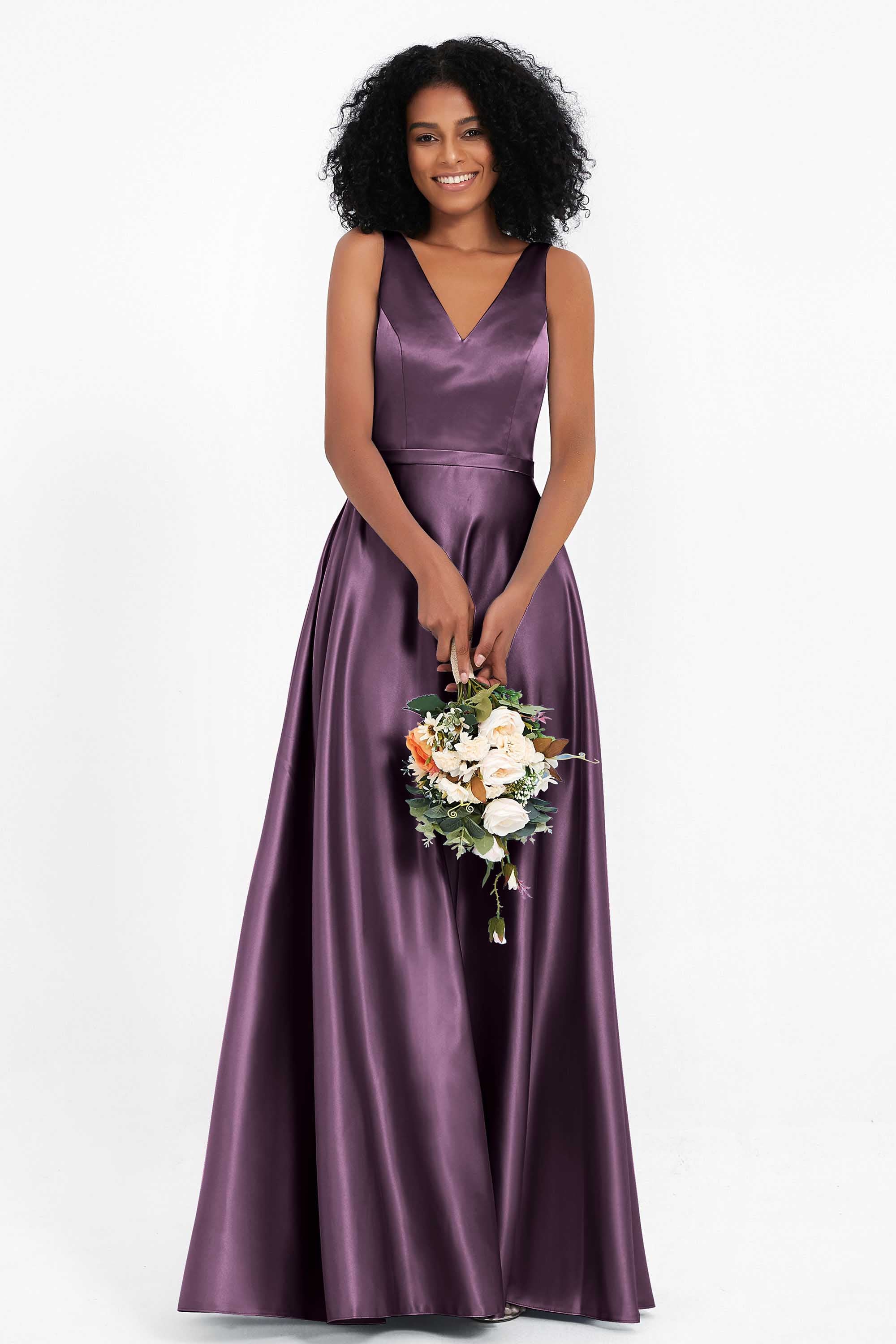 A Line Satin V Neckline Bridesmaid Dress Ruched Formal Evening Prom Dresses Gowns