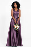 A Line Satin V Neckline Bridesmaid Dress Ruched Formal Evening Prom Dresses Gowns