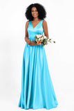 A Line Satin V Neckline Bridesmaid Dress Ruched Formal Evening Prom Dresses Gowns