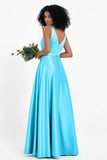 A Line Satin V Neckline Bridesmaid Dress Ruched Formal Evening Prom Dresses Gowns