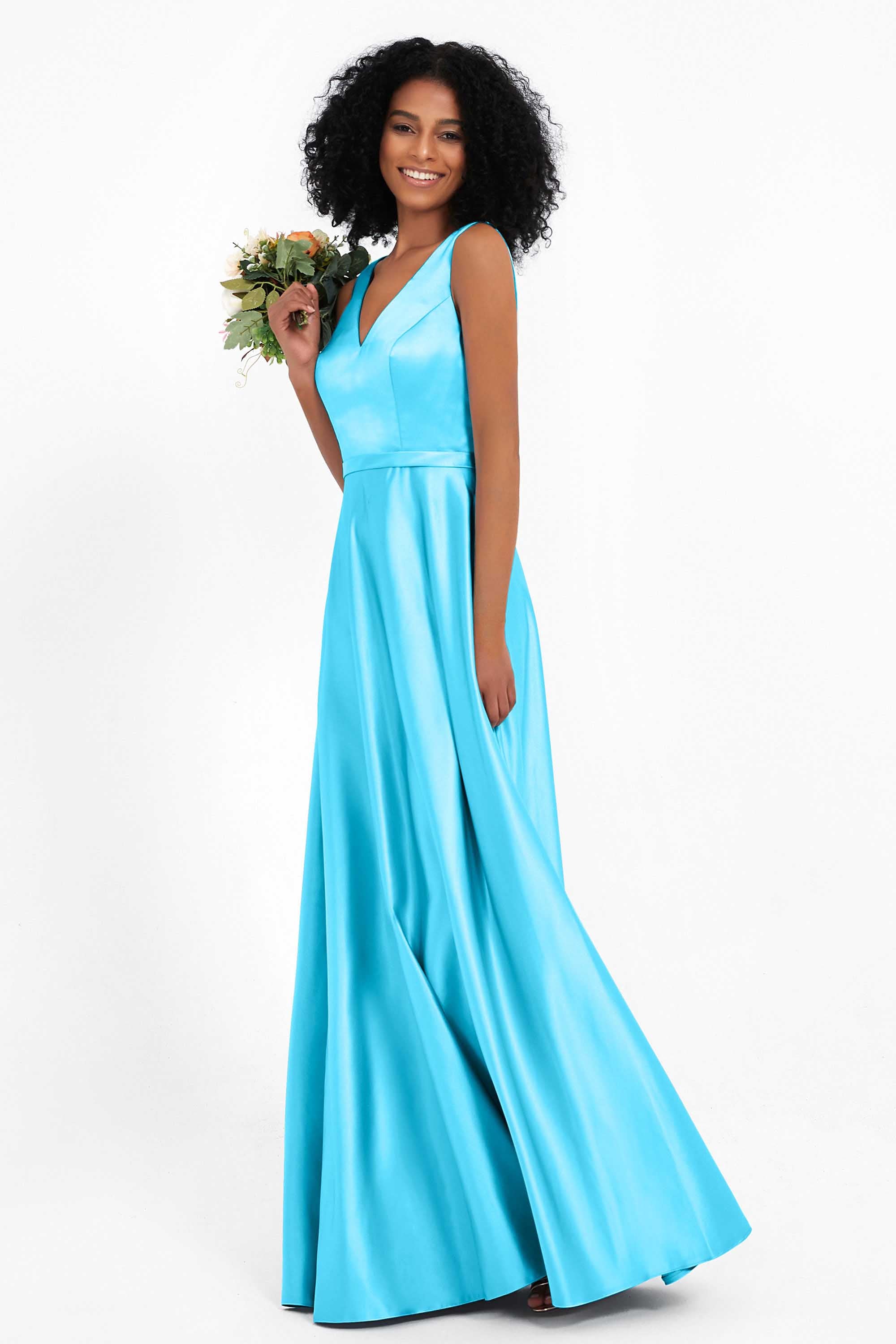 A Line Satin V Neckline Bridesmaid Dress Ruched Formal Evening Prom Dresses Gowns