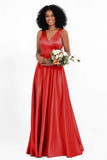 A Line Satin V Neckline Bridesmaid Dress Ruched Formal Evening Prom Dresses Gowns
