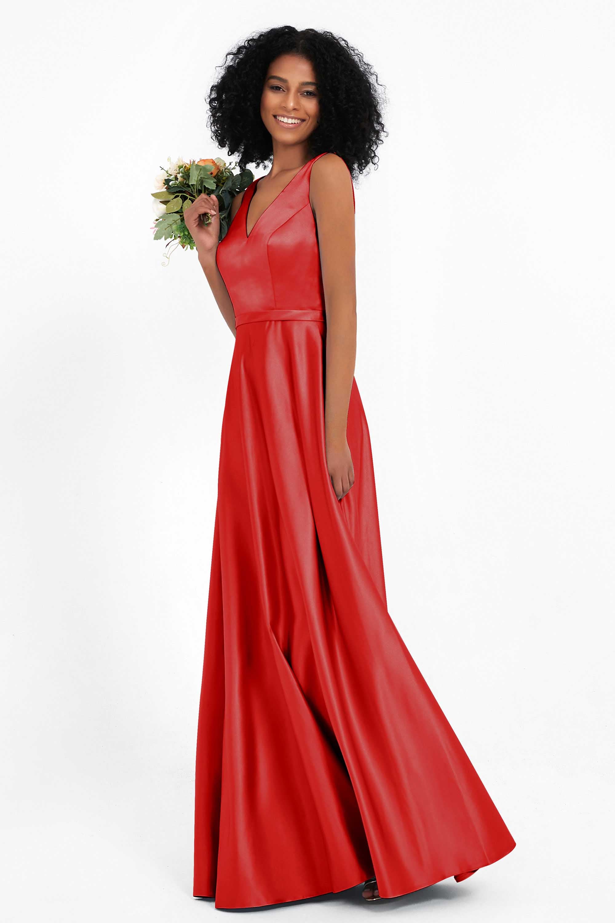 A Line Satin V Neckline Bridesmaid Dress Ruched Formal Evening Prom Dresses Gowns