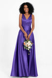 A Line Satin V Neckline Bridesmaid Dress Ruched Formal Evening Prom Dresses Gowns