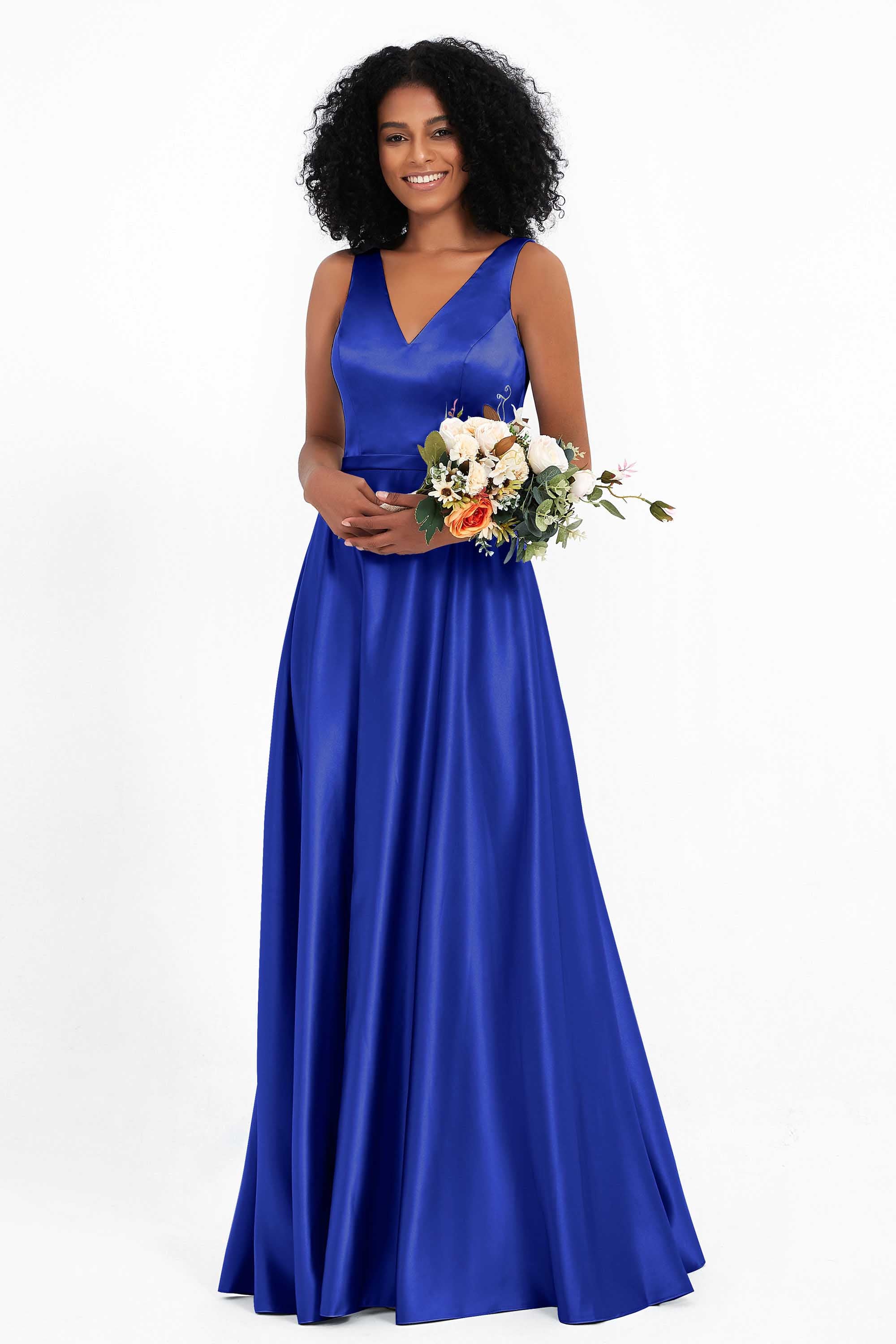 A Line Satin V Neckline Bridesmaid Dress Ruched Formal Evening Prom Dresses Gowns