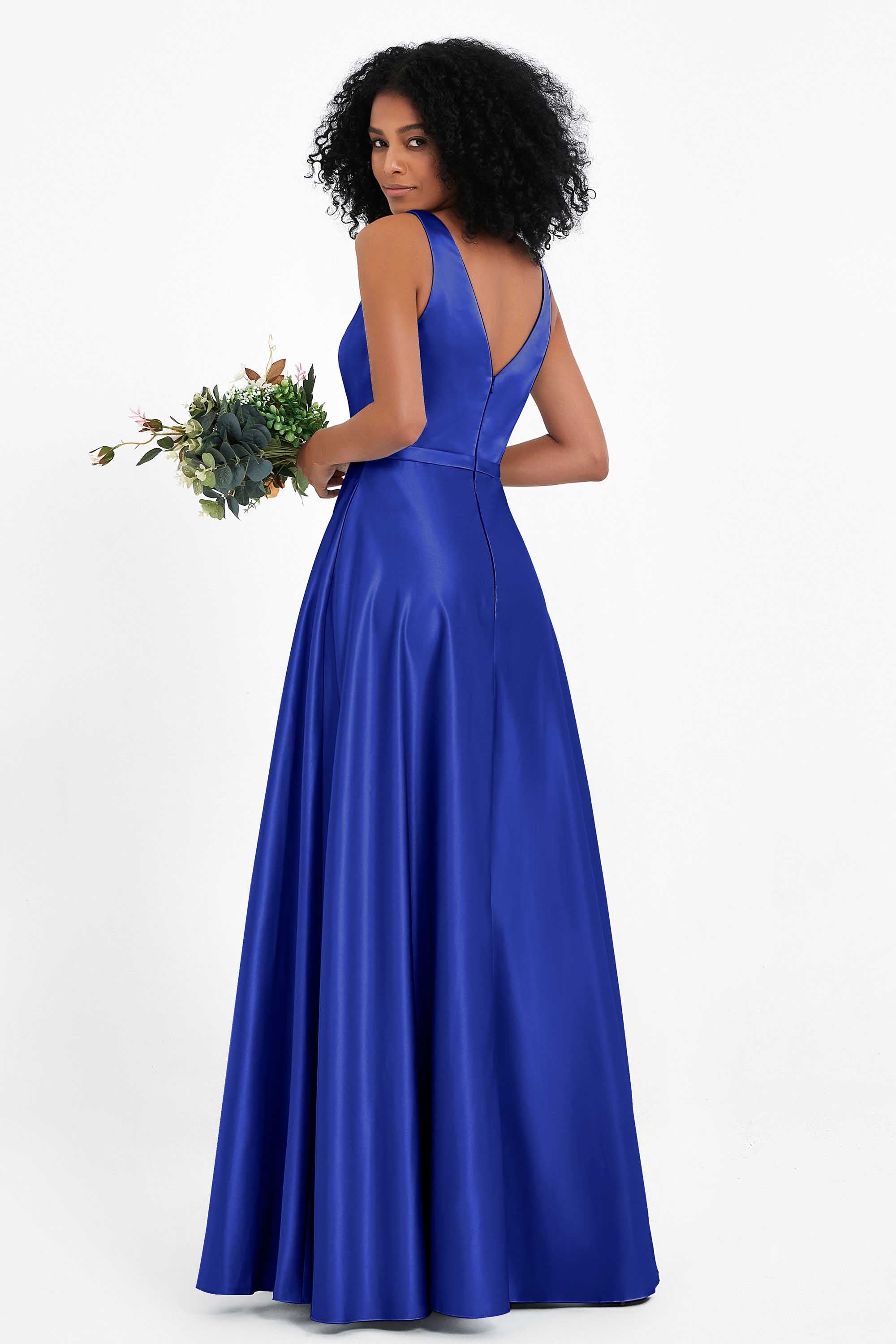 A Line Satin V Neckline Bridesmaid Dress Ruched Formal Evening Prom Dresses Gowns