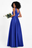 A Line Satin V Neckline Bridesmaid Dress Ruched Formal Evening Prom Dresses Gowns