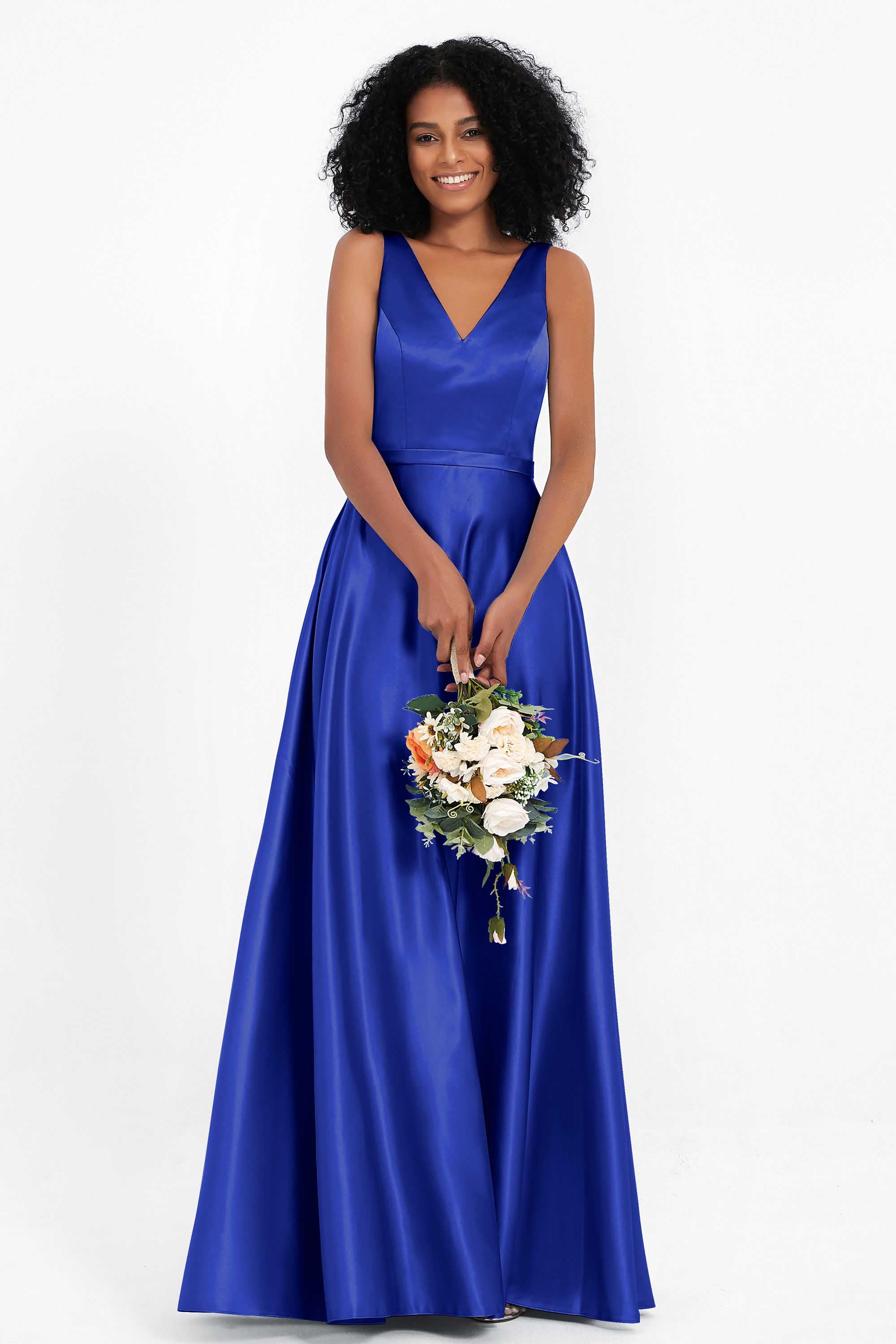 A Line Satin V Neckline Bridesmaid Dress Ruched Formal Evening Prom Dresses Gowns