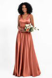 A Line Satin V Neckline Bridesmaid Dress Ruched Formal Evening Prom Dresses Gowns