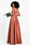 A Line Satin V Neckline Bridesmaid Dress Ruched Formal Evening Prom Dresses Gowns