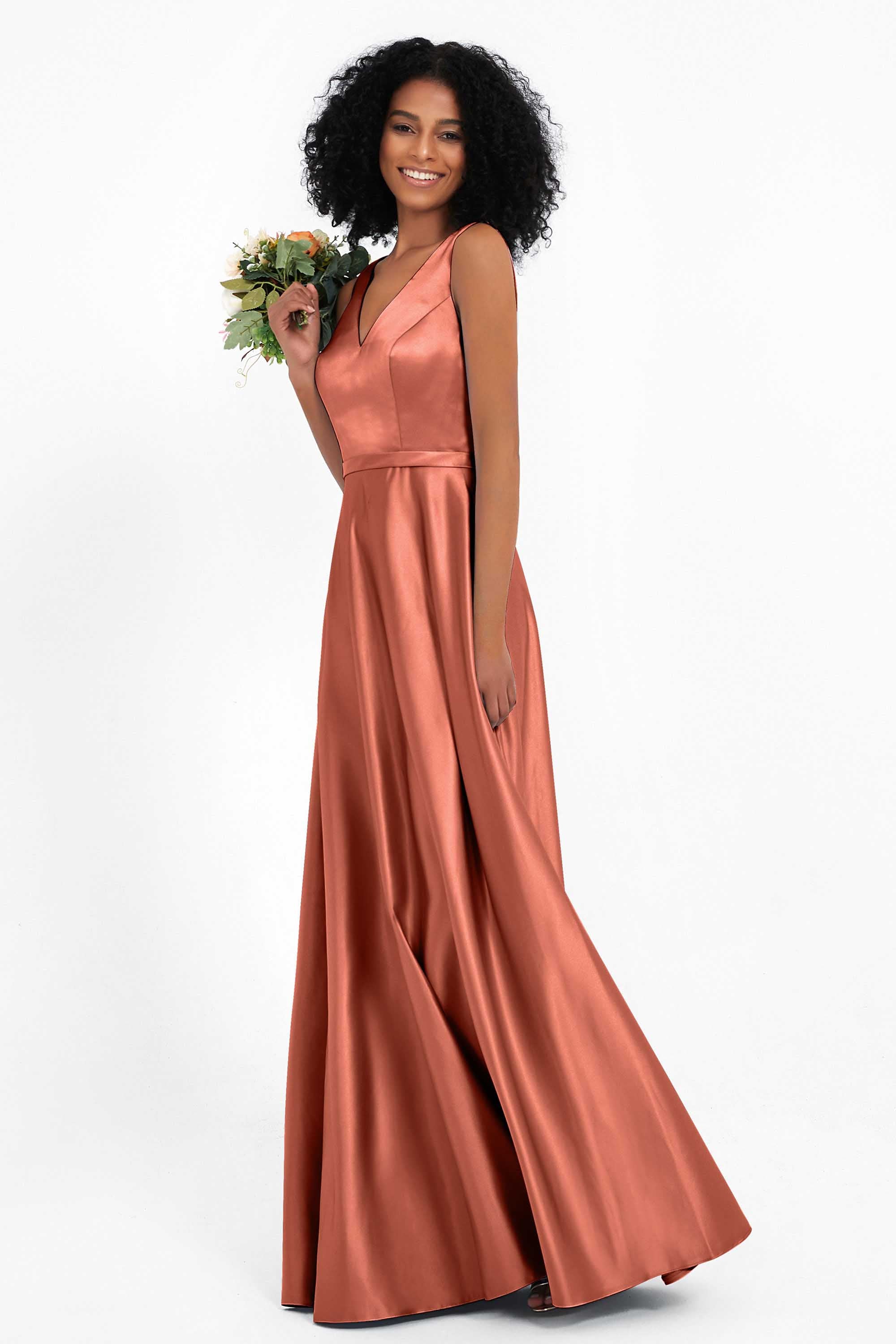 A Line Satin V Neckline Bridesmaid Dress Ruched Formal Evening Prom Dresses Gowns