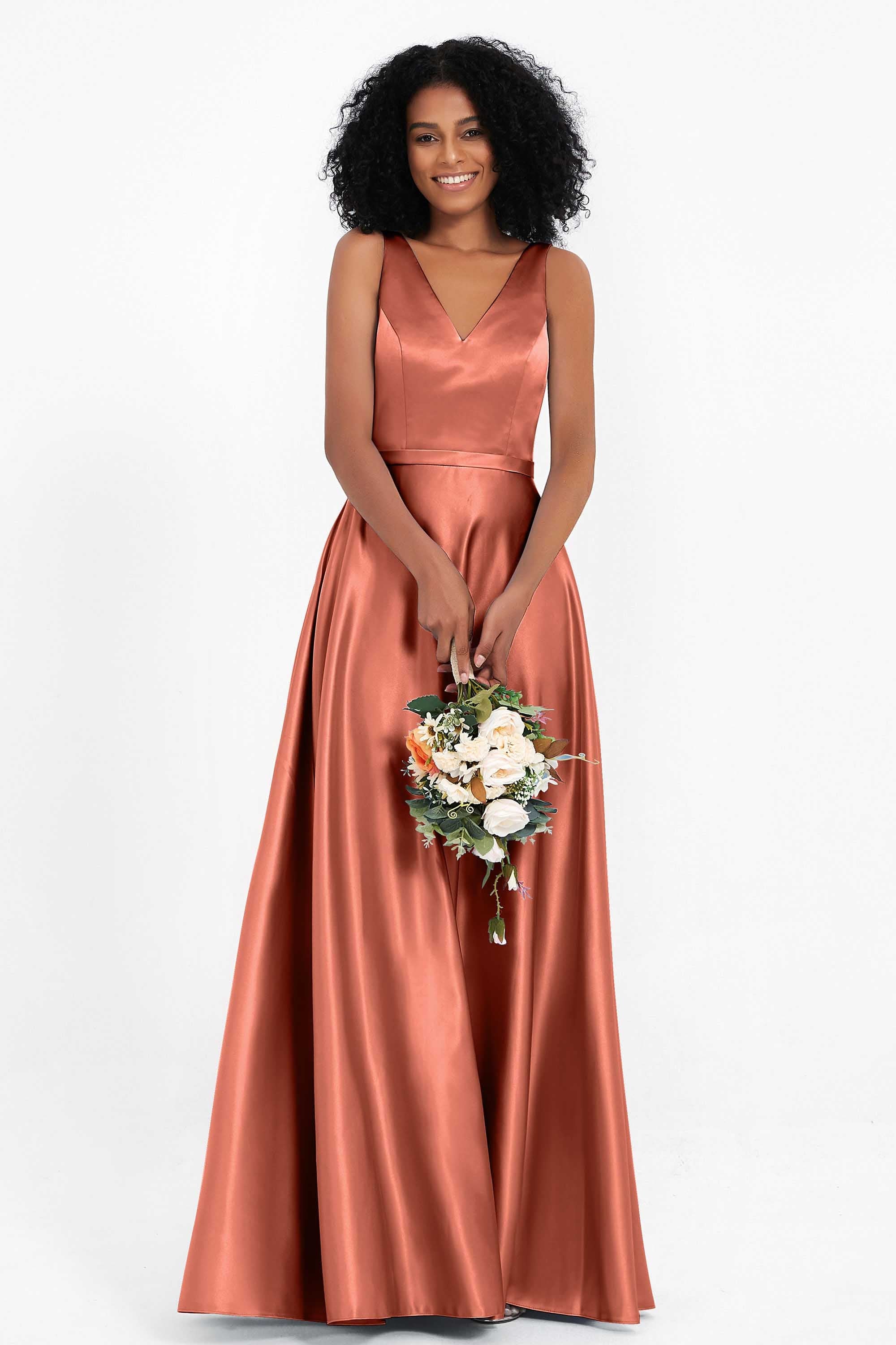 A Line Satin V Neckline Bridesmaid Dress Ruched Formal Evening Prom Dresses Gowns