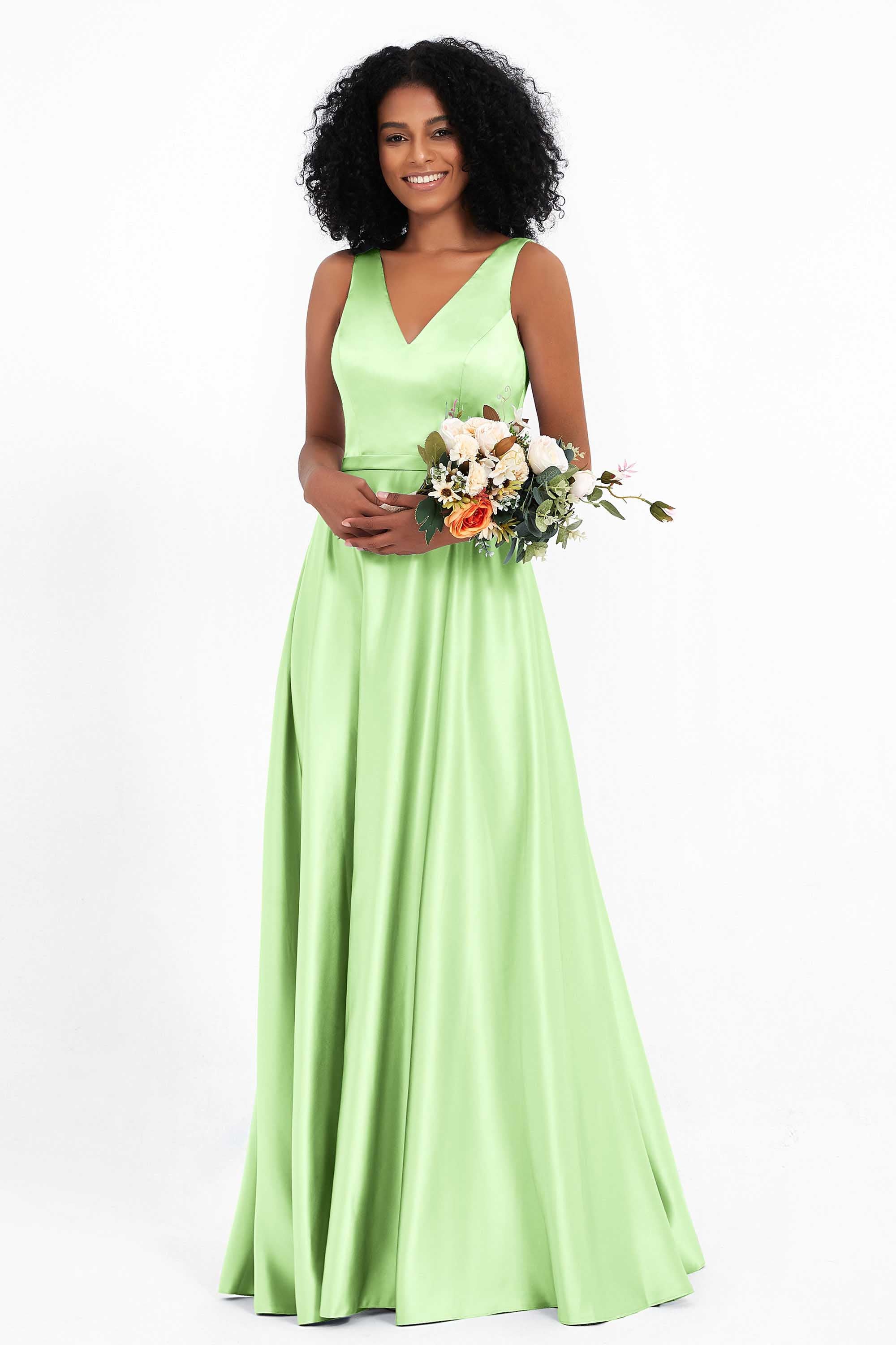 A Line Satin V Neckline Bridesmaid Dress Ruched Formal Evening Prom Dresses Gowns
