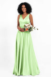 A Line Satin V Neckline Bridesmaid Dress Ruched Formal Evening Prom Dresses Gowns