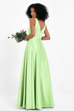 A Line Satin V Neckline Bridesmaid Dress Ruched Formal Evening Prom Dresses Gowns