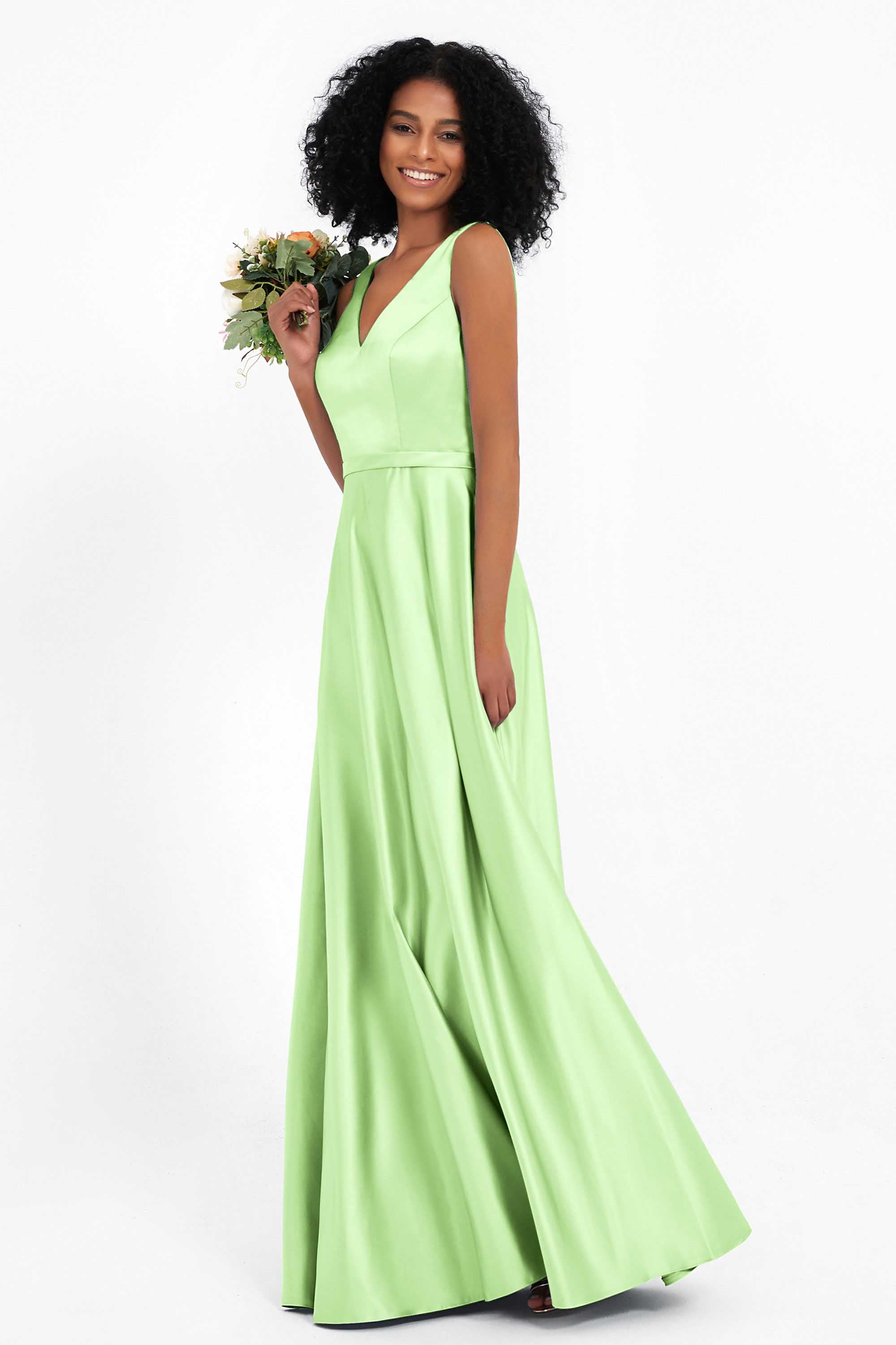 A Line Satin V Neckline Bridesmaid Dress Ruched Formal Evening Prom Dresses Gowns