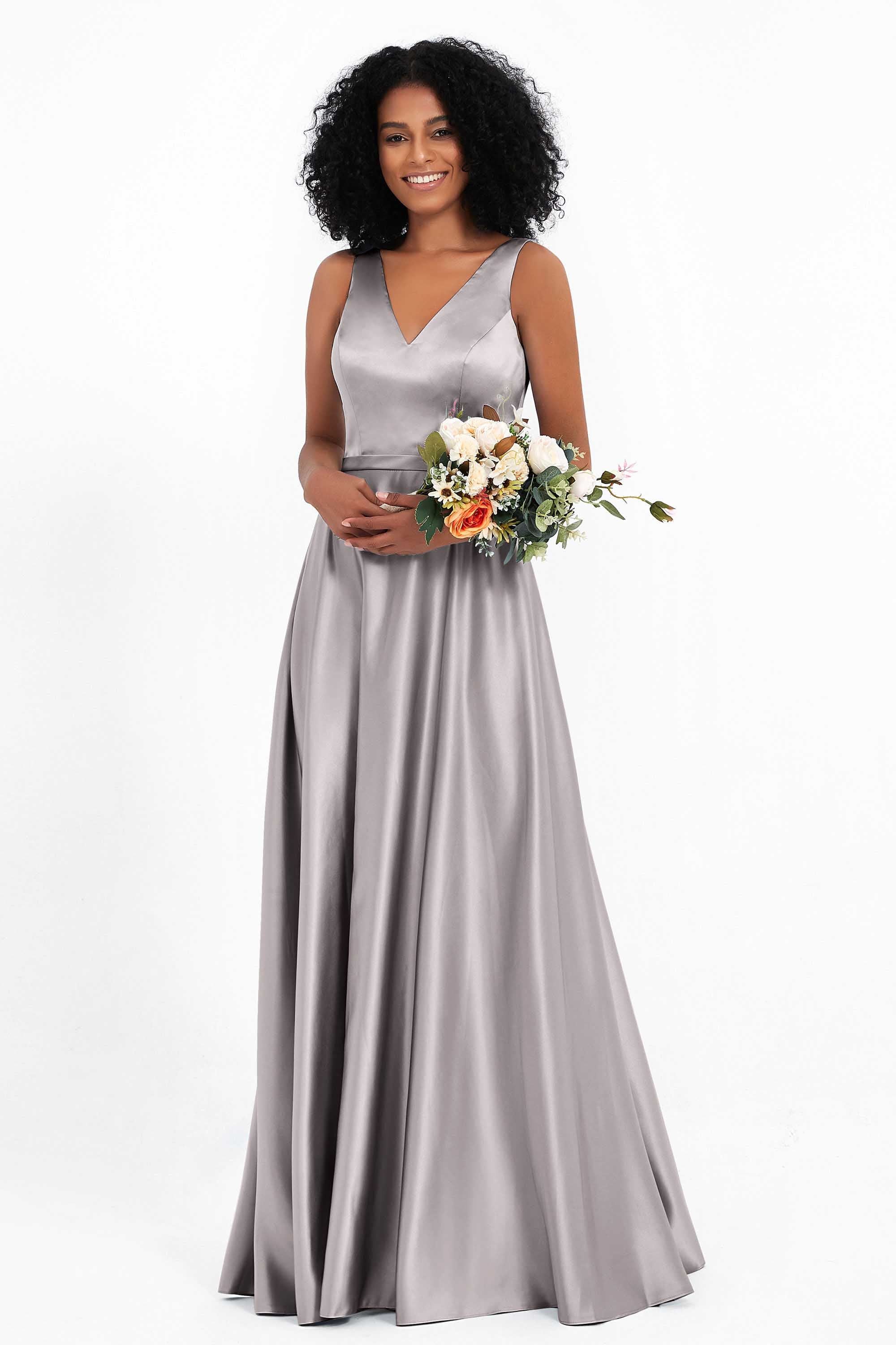 A Line Satin V Neckline Bridesmaid Dress Ruched Formal Evening Prom Dresses Gowns