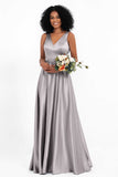 A Line Satin V Neckline Bridesmaid Dress Ruched Formal Evening Prom Dresses Gowns