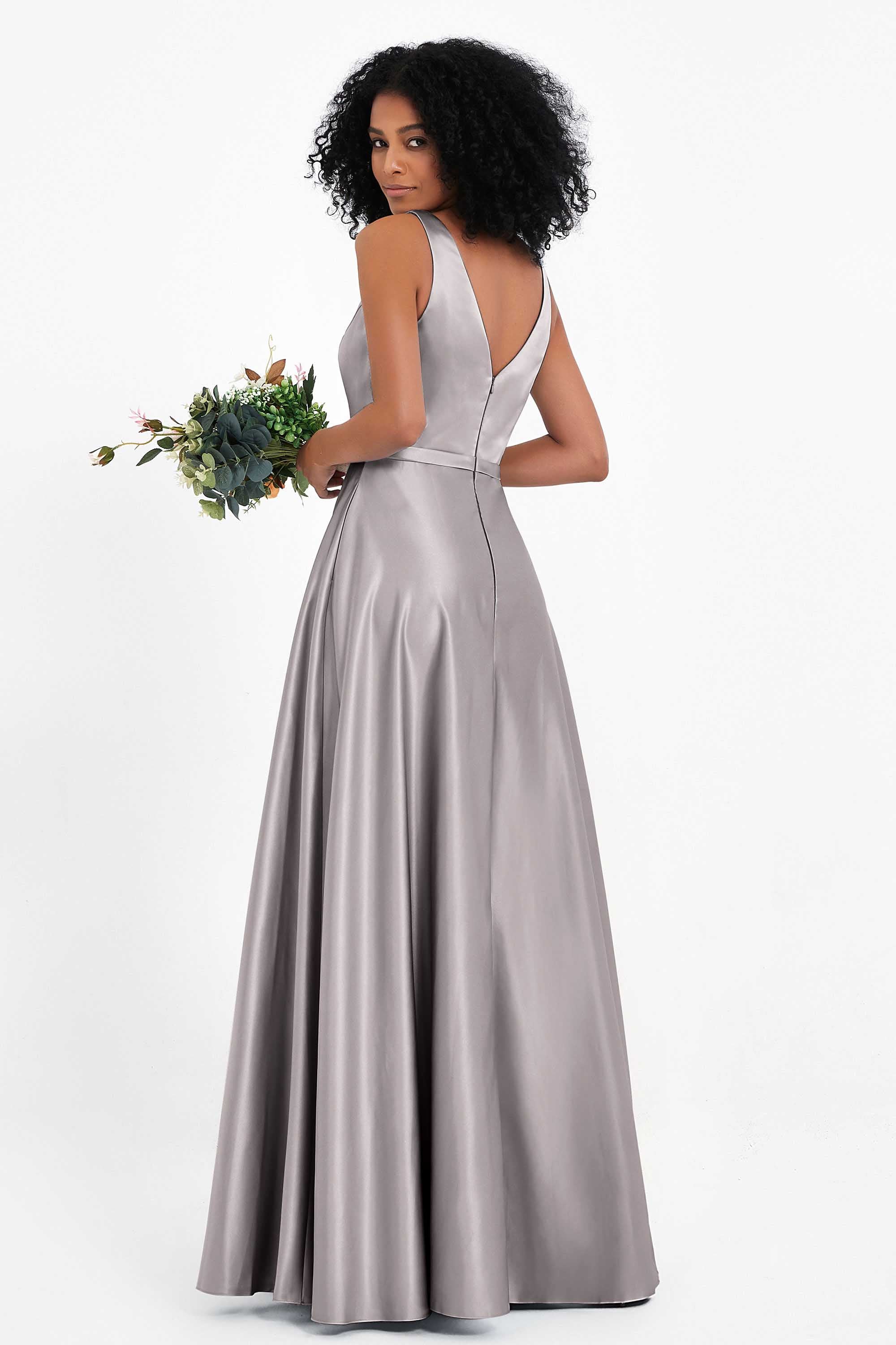 A Line Satin V Neckline Bridesmaid Dress Ruched Formal Evening Prom Dresses Gowns