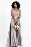 A Line Satin V Neckline Bridesmaid Dress Ruched Formal Evening Prom Dresses Gowns