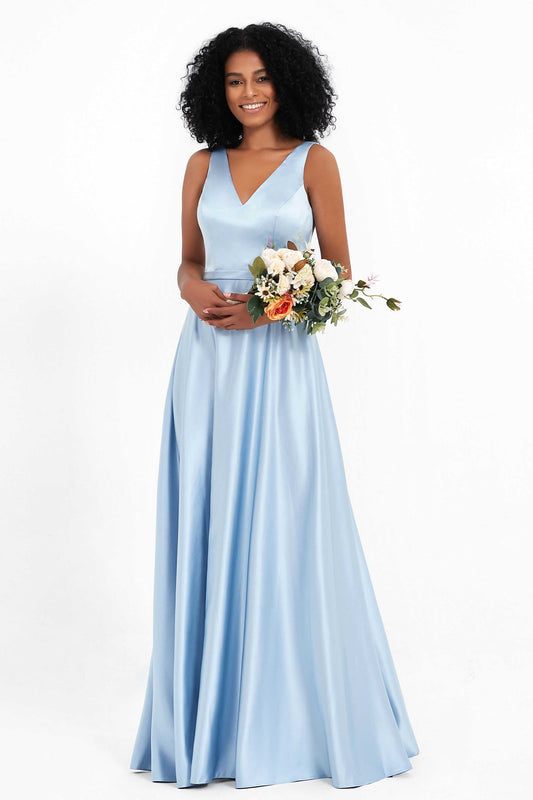 A Line Satin V Neckline Bridesmaid Dress Ruched Formal Evening Prom Dresses Gowns