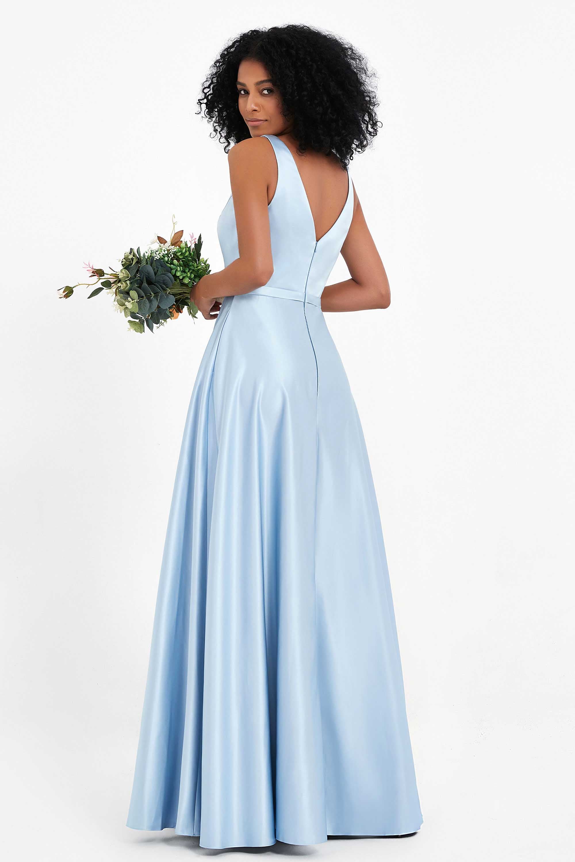 A Line Satin V Neckline Bridesmaid Dress Ruched Formal Evening Prom Dresses Gowns