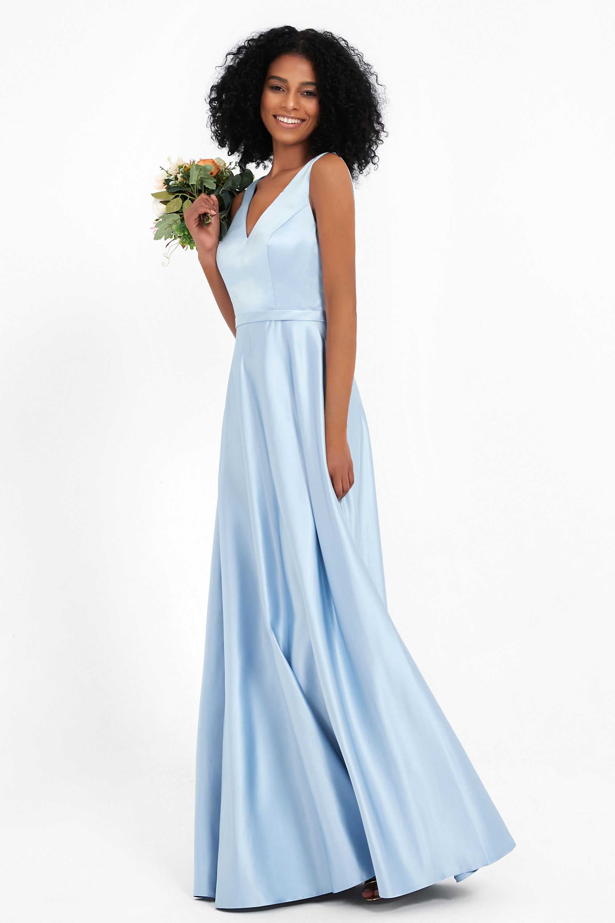 A Line Satin V Neckline Bridesmaid Dress Ruched Formal Evening Prom Dresses Gowns