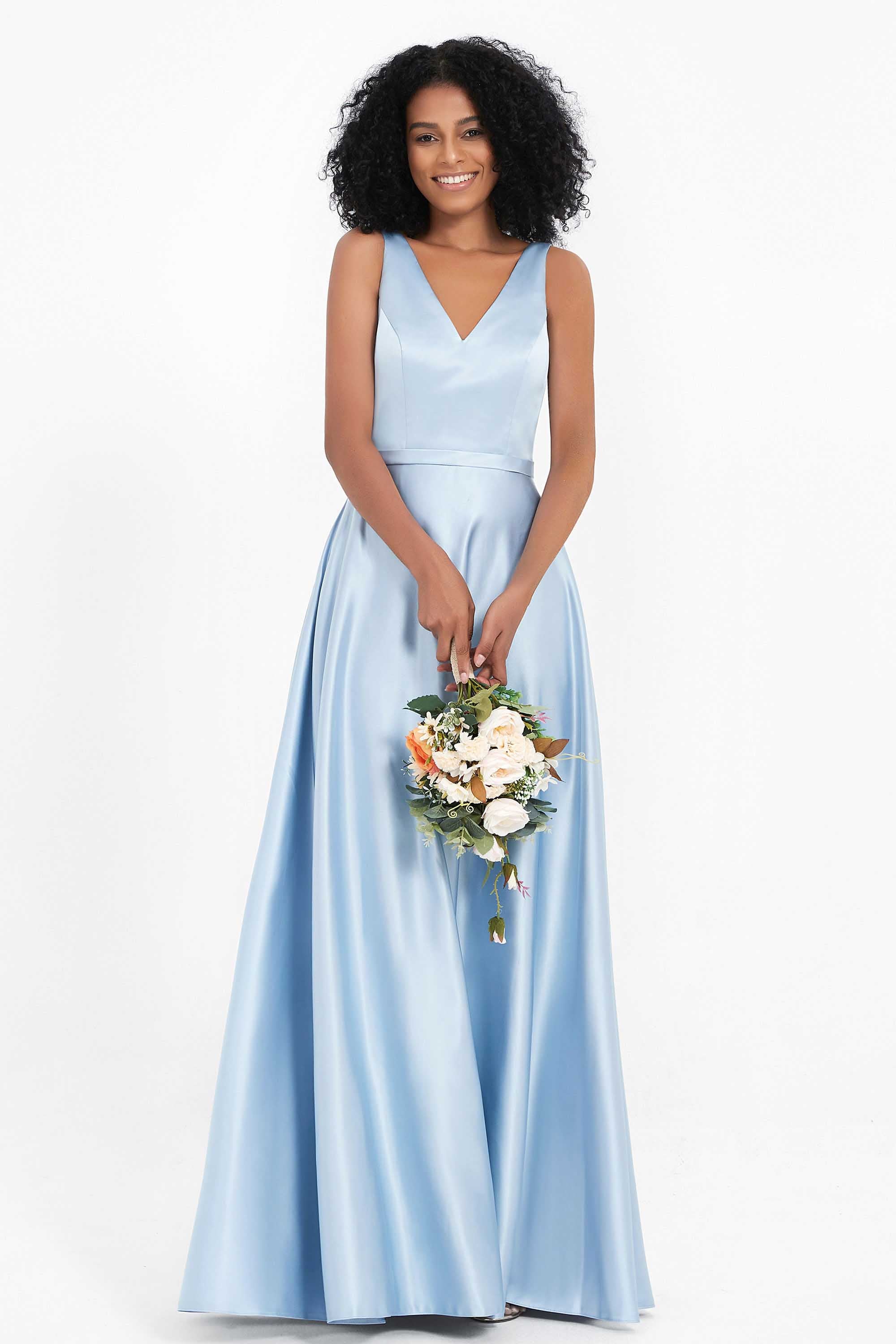 A Line Satin V Neckline Bridesmaid Dress Ruched Formal Evening Prom Dresses Gowns