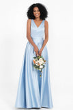 A Line Satin V Neckline Bridesmaid Dress Ruched Formal Evening Prom Dresses Gowns