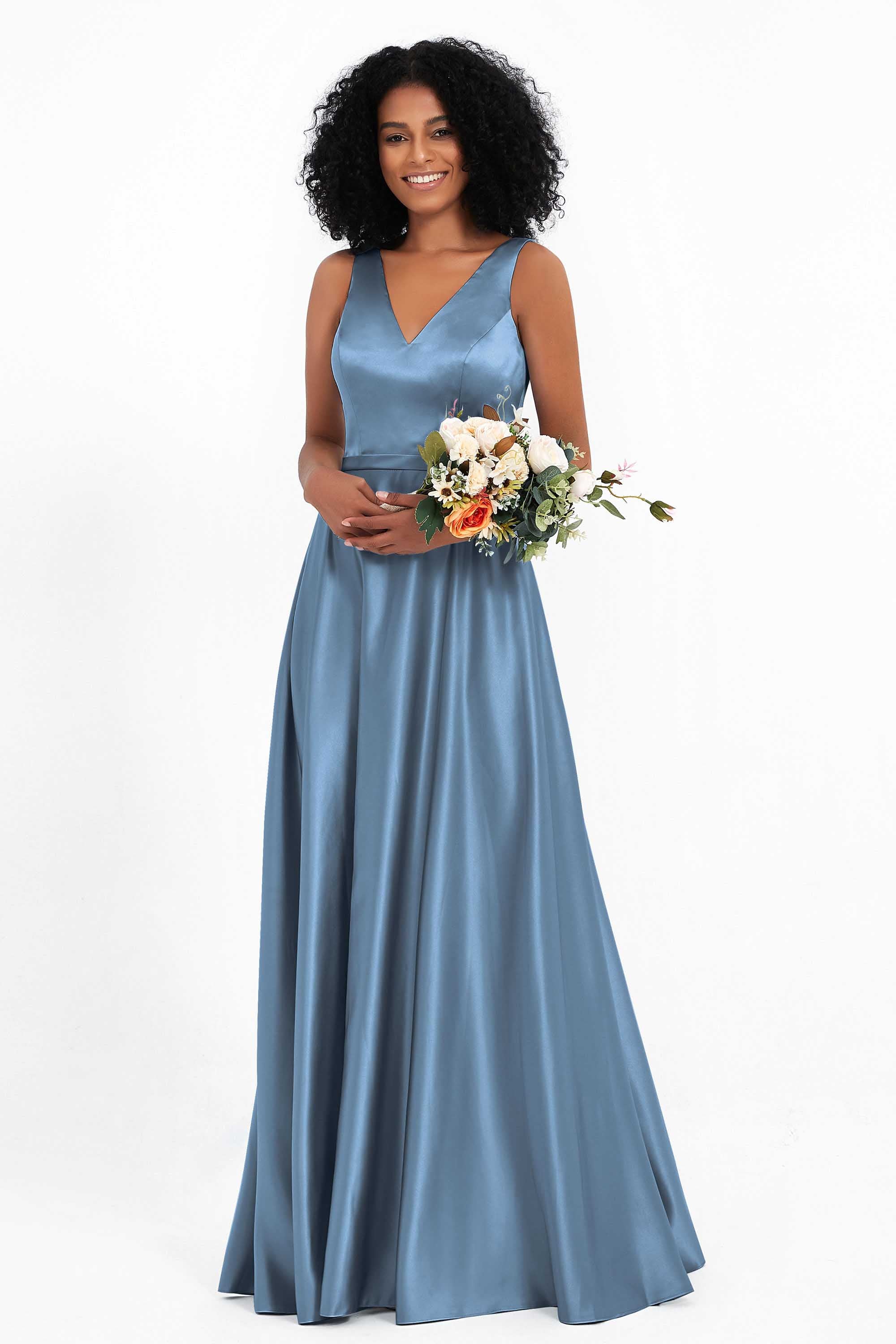 A Line Satin V Neckline Bridesmaid Dress Ruched Formal Evening Prom Dresses Gowns