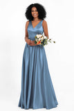 A Line Satin V Neckline Bridesmaid Dress Ruched Formal Evening Prom Dresses Gowns