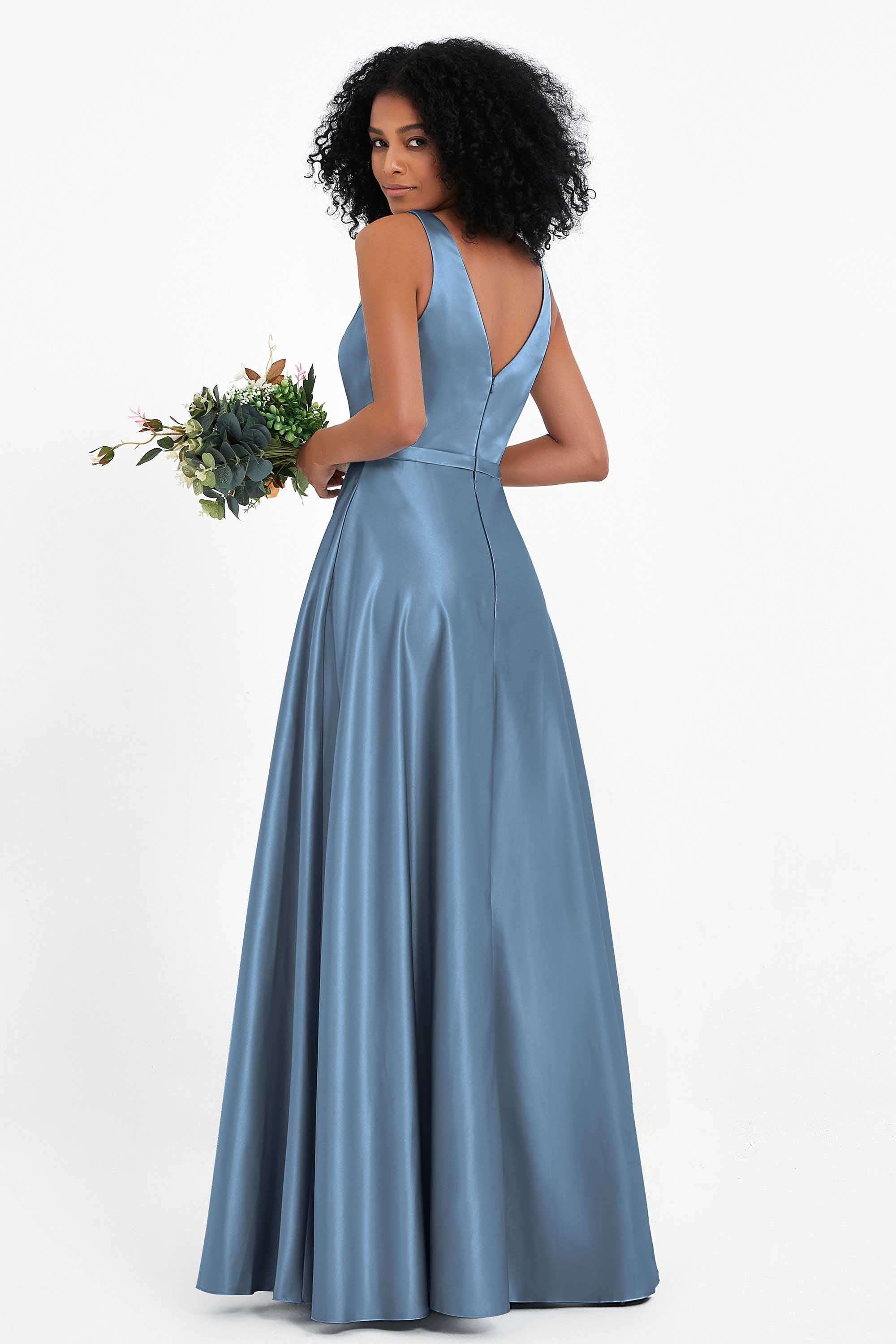 A Line Satin V Neckline Bridesmaid Dress Ruched Formal Evening Prom Dresses Gowns