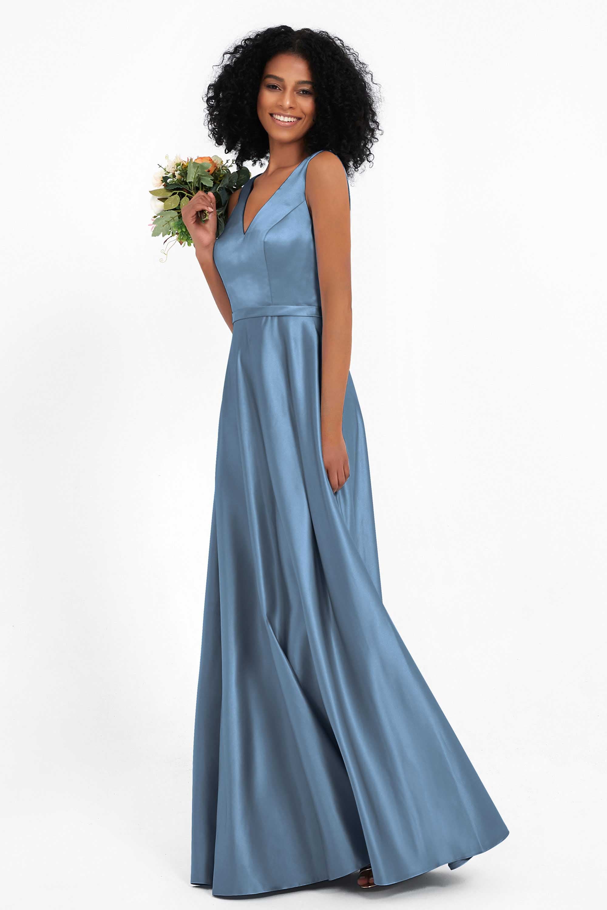 A Line Satin V Neckline Bridesmaid Dress Ruched Formal Evening Prom Dresses Gowns