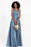 A Line Satin V Neckline Bridesmaid Dress Ruched Formal Evening Prom Dresses Gowns
