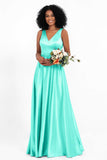 A Line Satin V Neckline Bridesmaid Dress Ruched Formal Evening Prom Dresses Gowns
