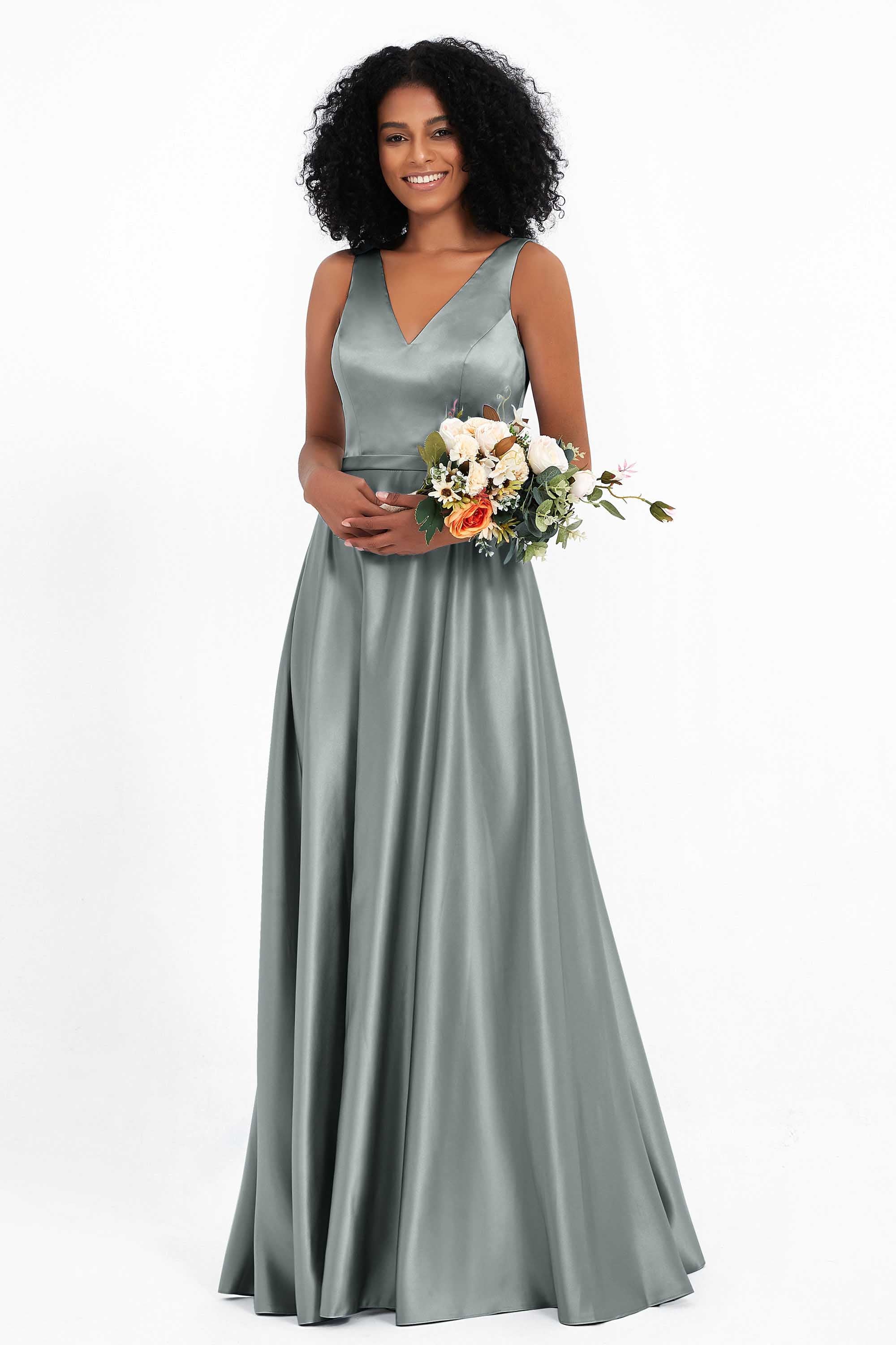 A Line Satin V Neckline Bridesmaid Dress Ruched Formal Evening Prom Dresses Gowns