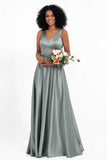 A Line Satin V Neckline Bridesmaid Dress Ruched Formal Evening Prom Dresses Gowns