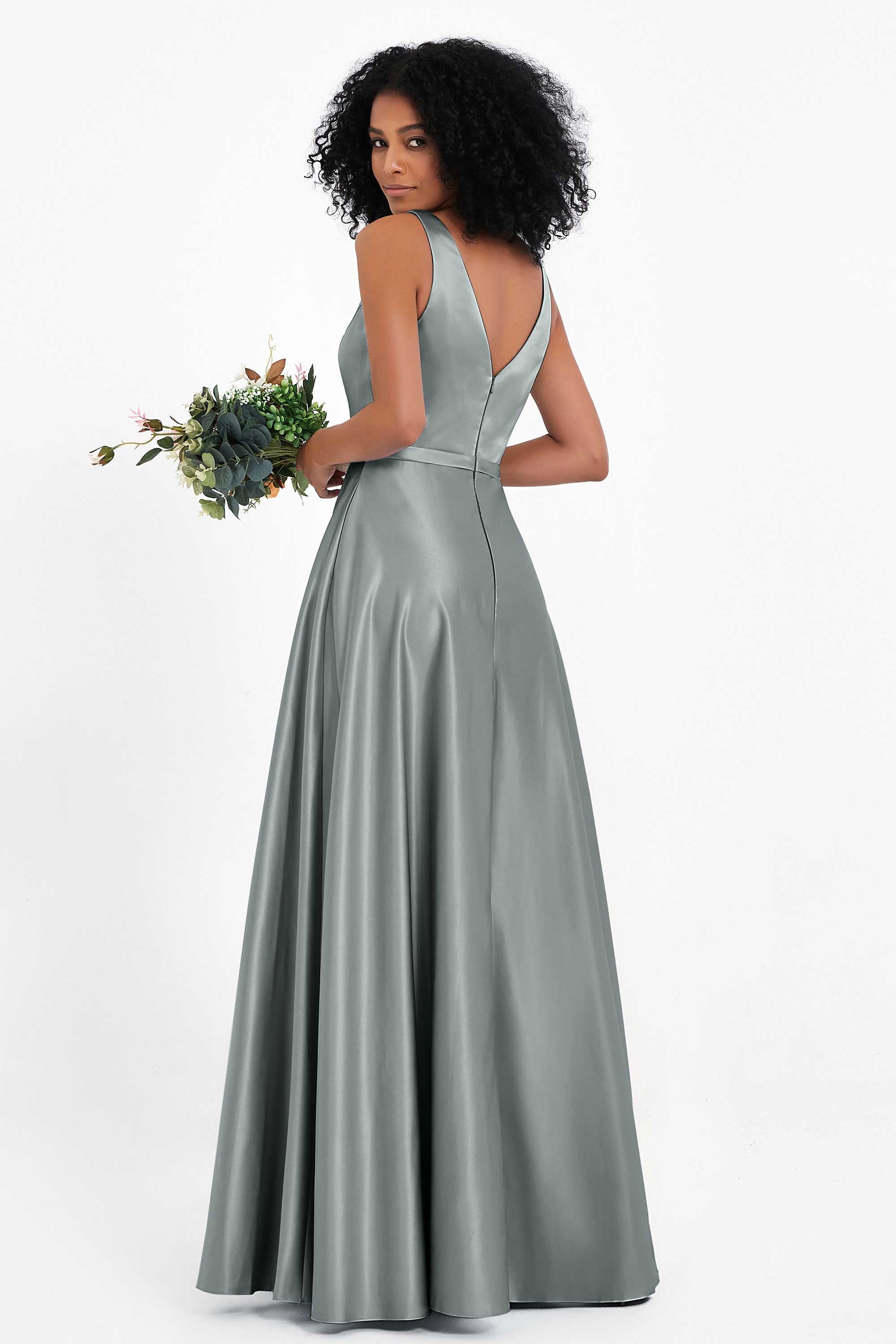 A Line Satin V Neckline Bridesmaid Dress Ruched Formal Evening Prom Dresses Gowns
