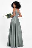 A Line Satin V Neckline Bridesmaid Dress Ruched Formal Evening Prom Dresses Gowns