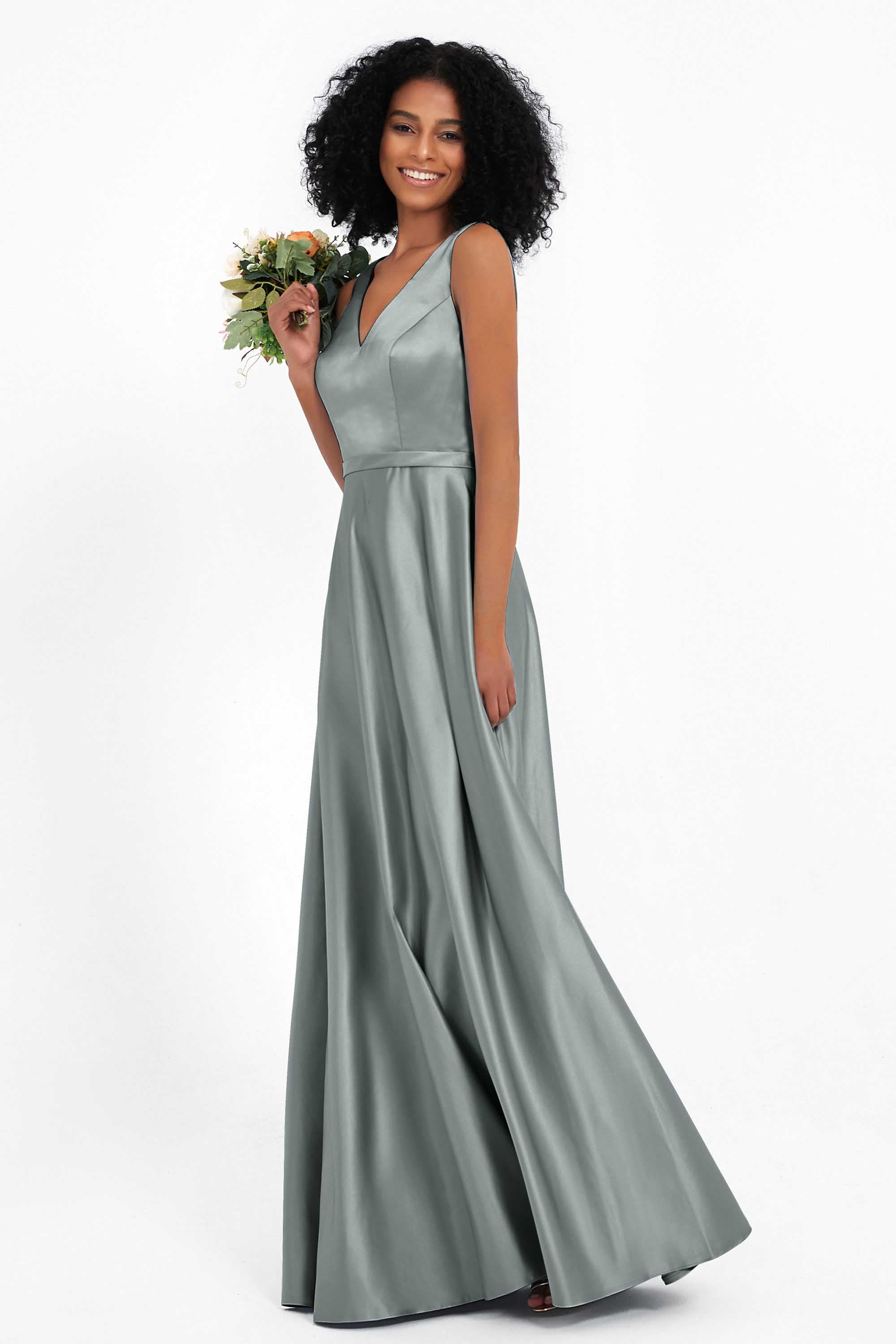 A Line Satin V Neckline Bridesmaid Dress Ruched Formal Evening Prom Dresses Gowns