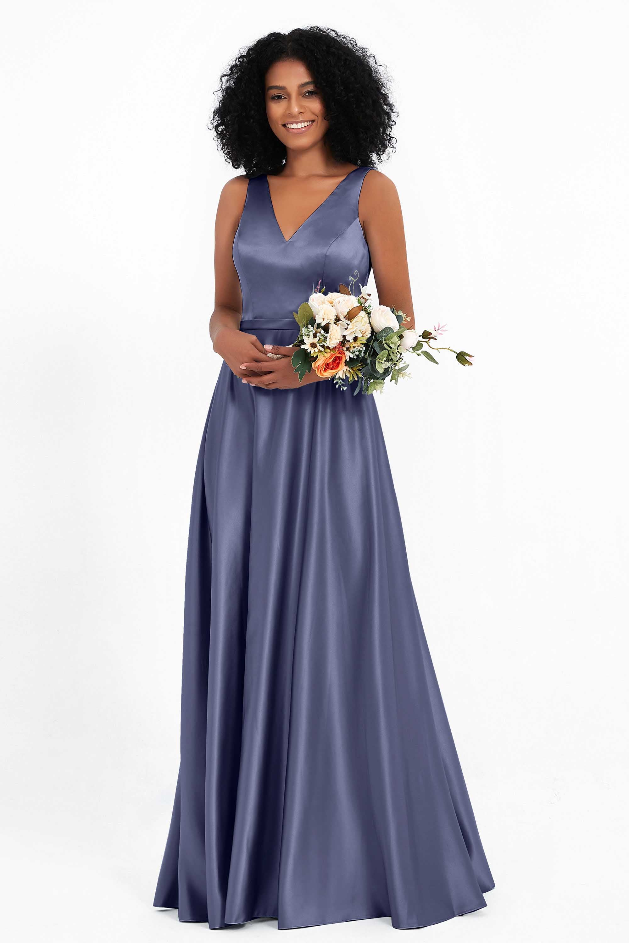 A Line Satin V Neckline Bridesmaid Dress Ruched Formal Evening Prom Dresses Gowns