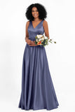 A Line Satin V Neckline Bridesmaid Dress Ruched Formal Evening Prom Dresses Gowns
