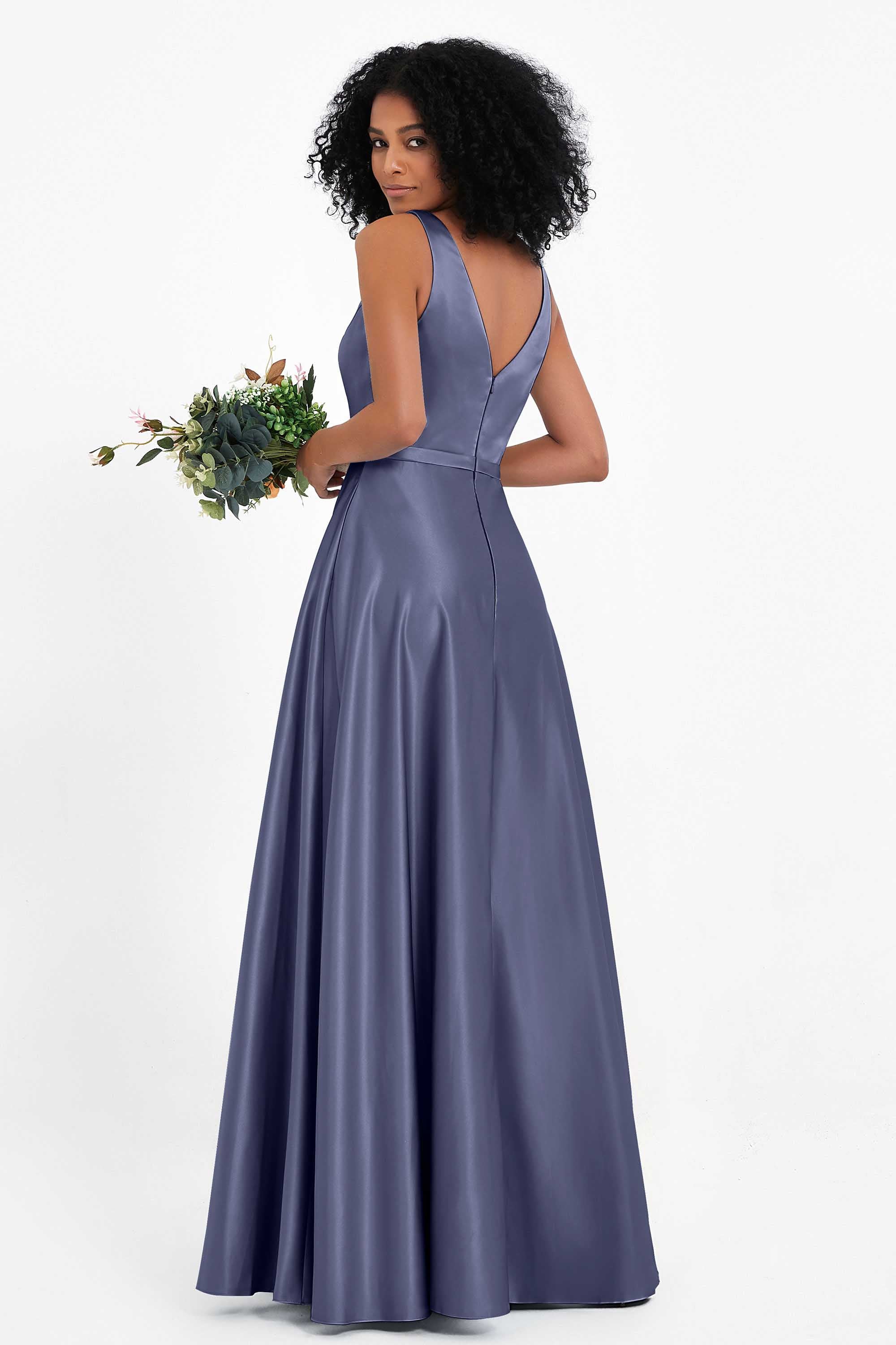 A Line Satin V Neckline Bridesmaid Dress Ruched Formal Evening Prom Dresses Gowns