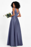 A Line Satin V Neckline Bridesmaid Dress Ruched Formal Evening Prom Dresses Gowns