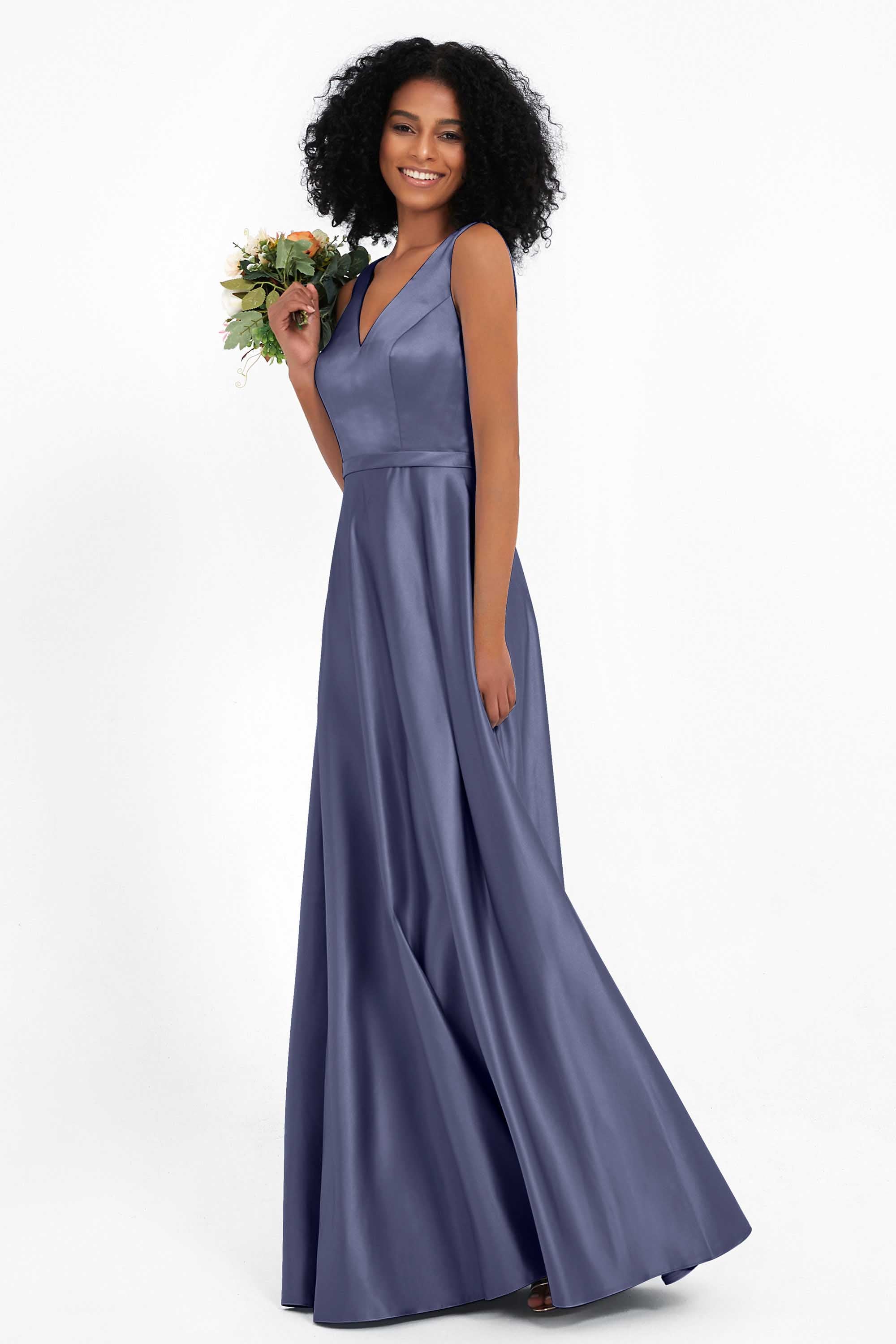 A Line Satin V Neckline Bridesmaid Dress Ruched Formal Evening Prom Dresses Gowns