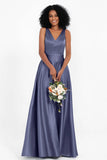 A Line Satin V Neckline Bridesmaid Dress Ruched Formal Evening Prom Dresses Gowns