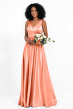 A Line Satin V Neckline Bridesmaid Dress Ruched Formal Evening Prom Dresses Gowns