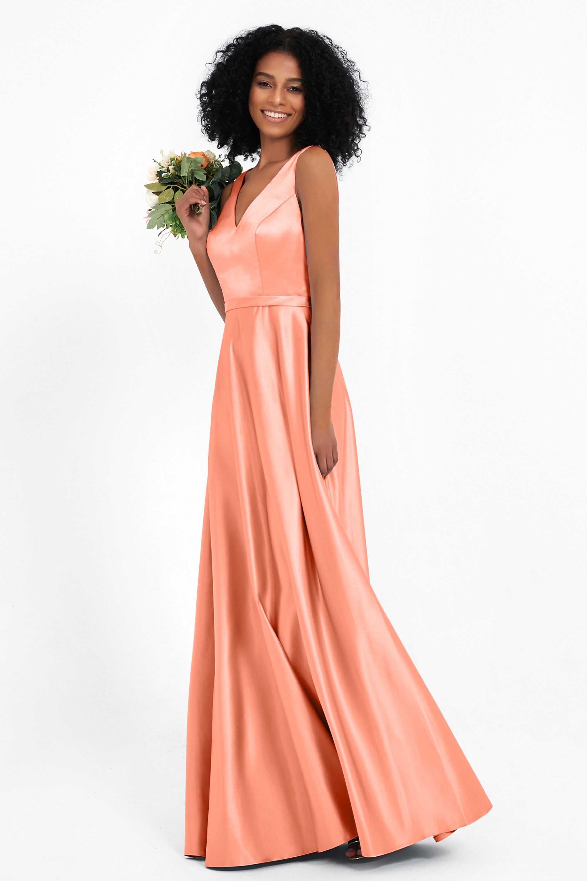 A Line Satin V Neckline Bridesmaid Dress Ruched Formal Evening Prom Dresses Gowns