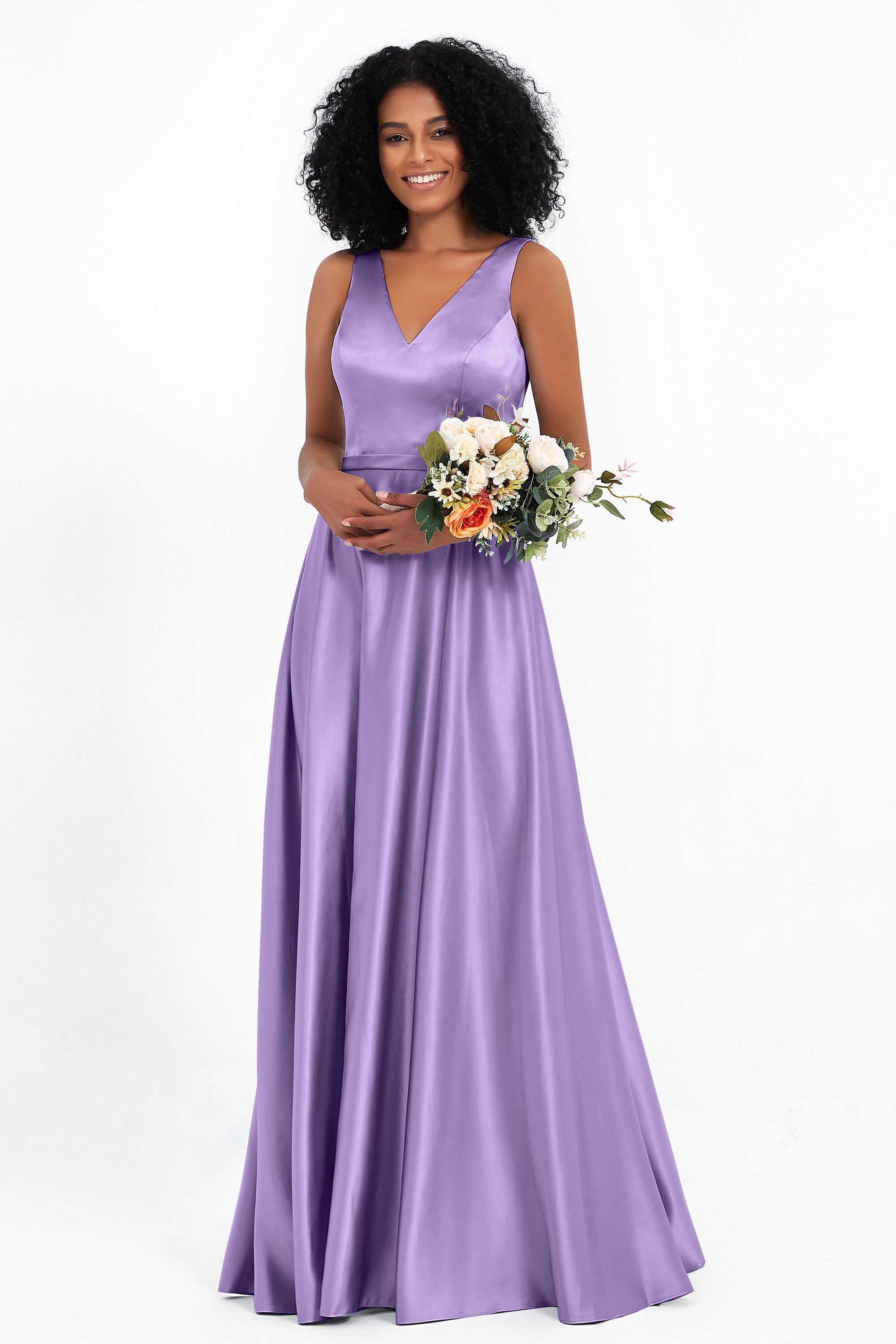 A Line Satin V Neckline Bridesmaid Dress Ruched Formal Evening Prom Dresses Gowns